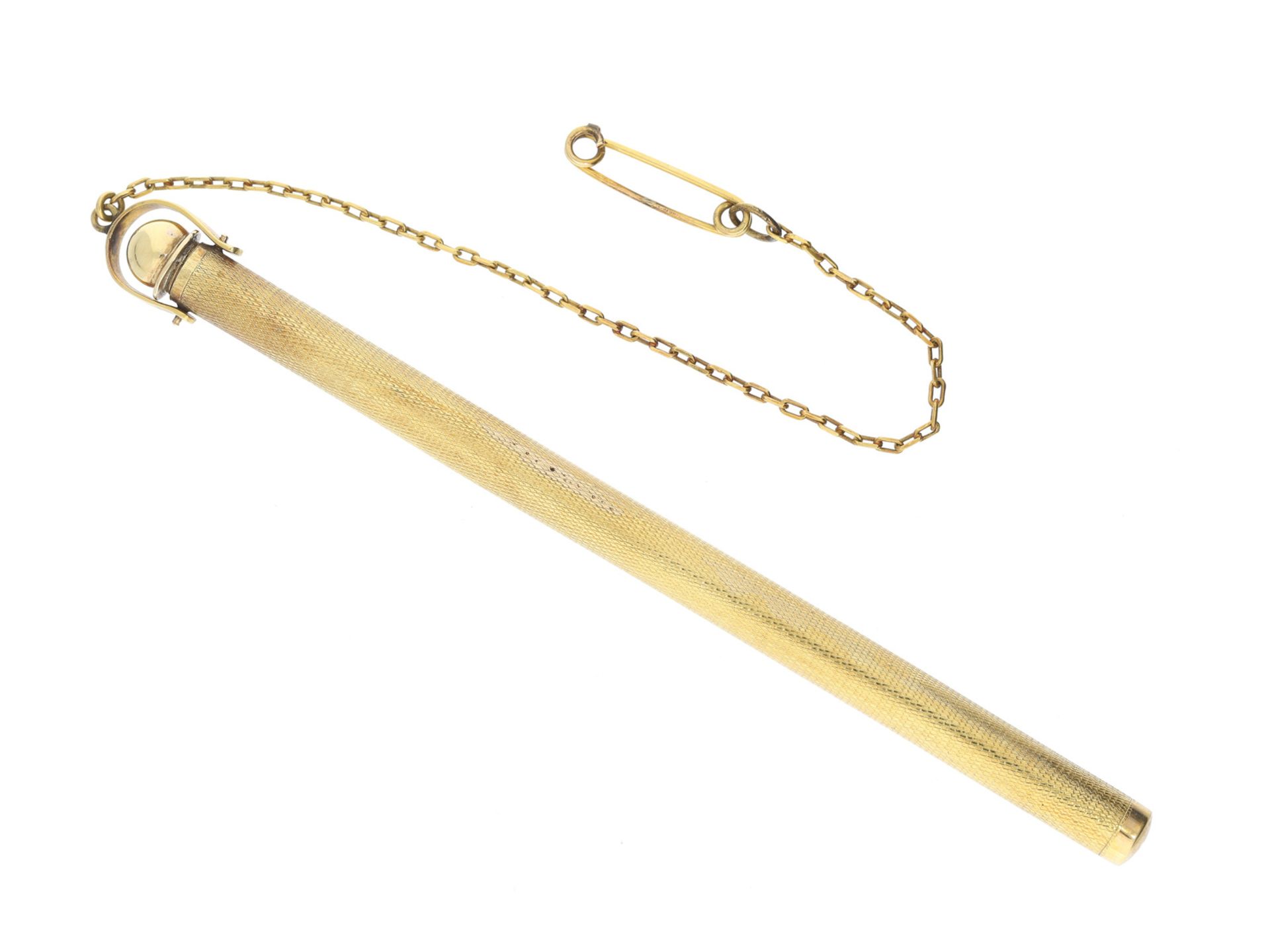 Goldenes Fieberthermometer, um 1920, seltenCa. 11,5cm lang, verschraubter Behälter aus 14K Gold, ca.