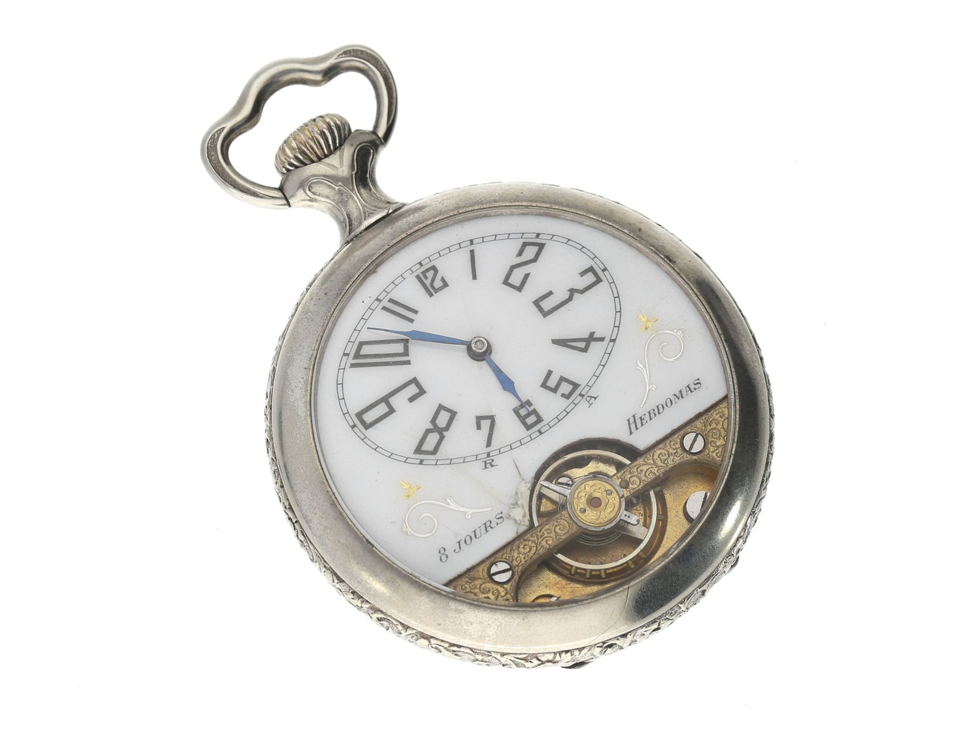 Taschenuhr: attraktive Hebdomas Jugendstil-Reliefuhr mit 8-Tage-WerkCa. Ø50mm, ca. 105g,