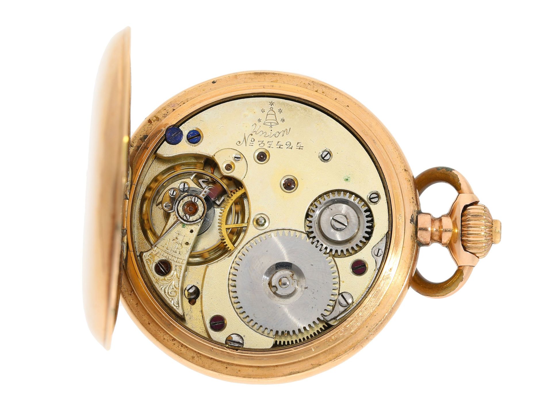 Taschenuhr: Goldsavonnette Union Glocke, Dürrstein Dresden um 1900Ca. Ø50mm, ca. 90g, 14K - Bild 2 aus 2