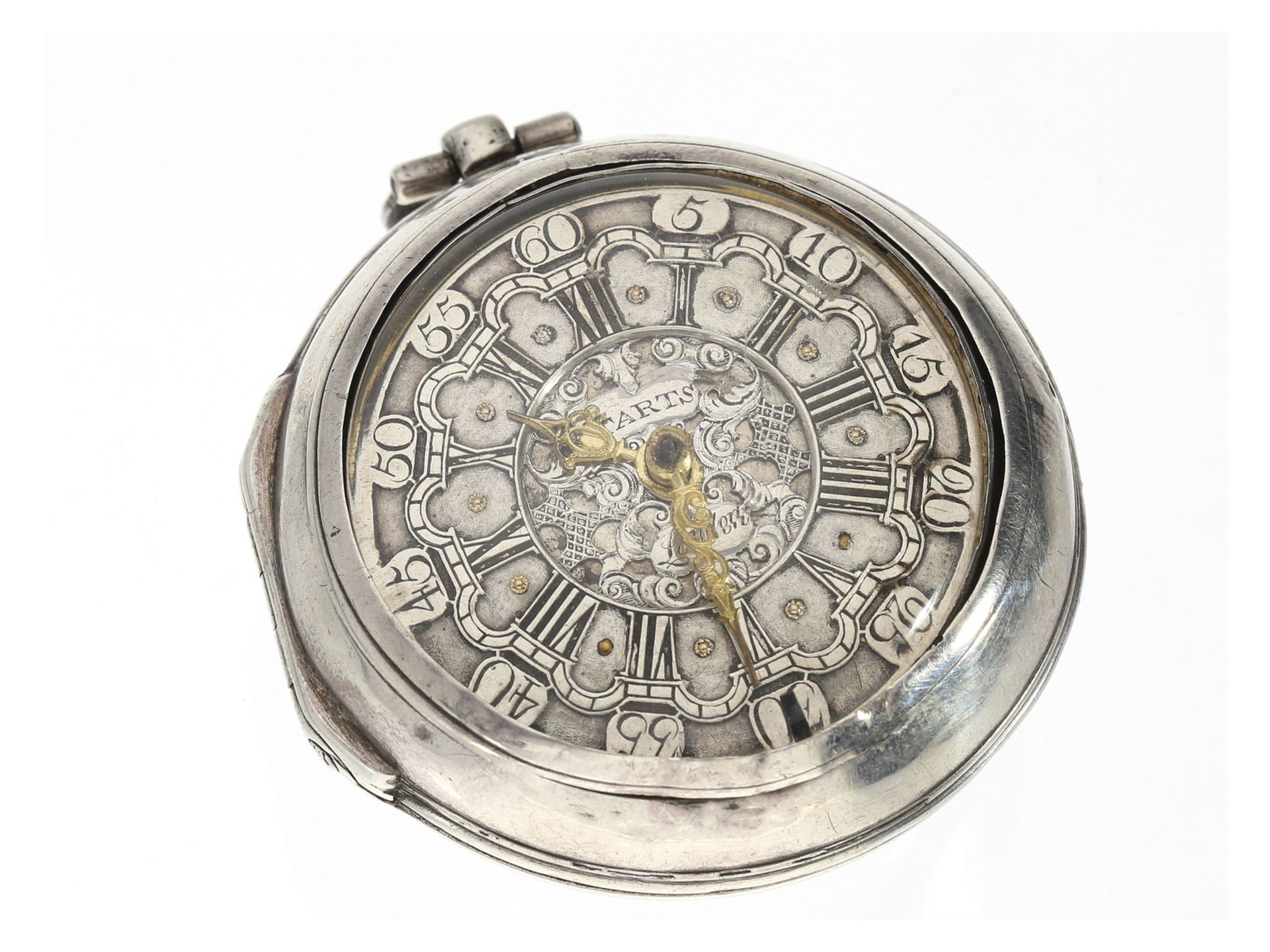 Taschenuhr: große englische Doppelgehäuse Champlevé Spindeluhr, um 1760, signiert Tarts LondonCa.