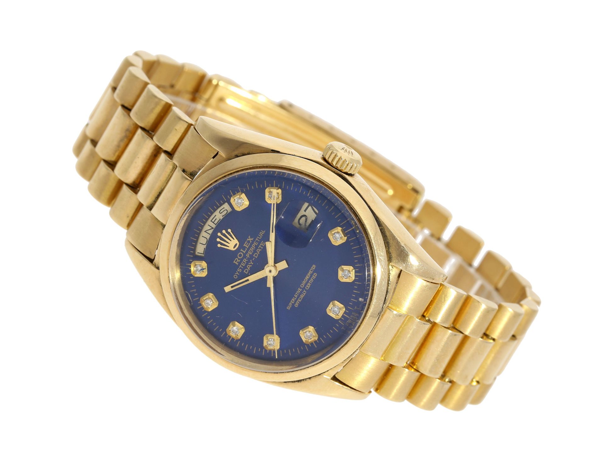 Armbanduhr: sehr seltene vintage Rolex Day-Date mit blauem Diamantzifferblatt, gefertigt für den