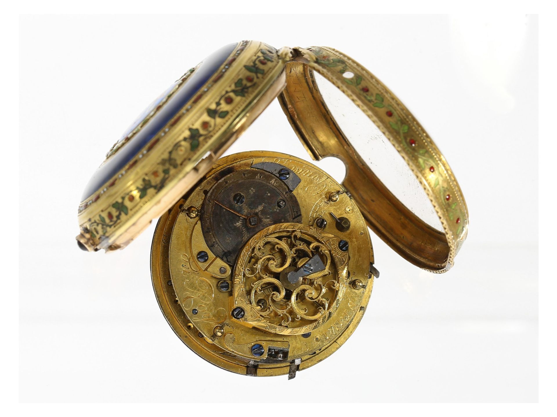 Taschenuhr: attraktive Gold/Emaille-Spindeluhr, um 1770, Repetition a toc et a tact, signiert Lepine - Bild 3 aus 3