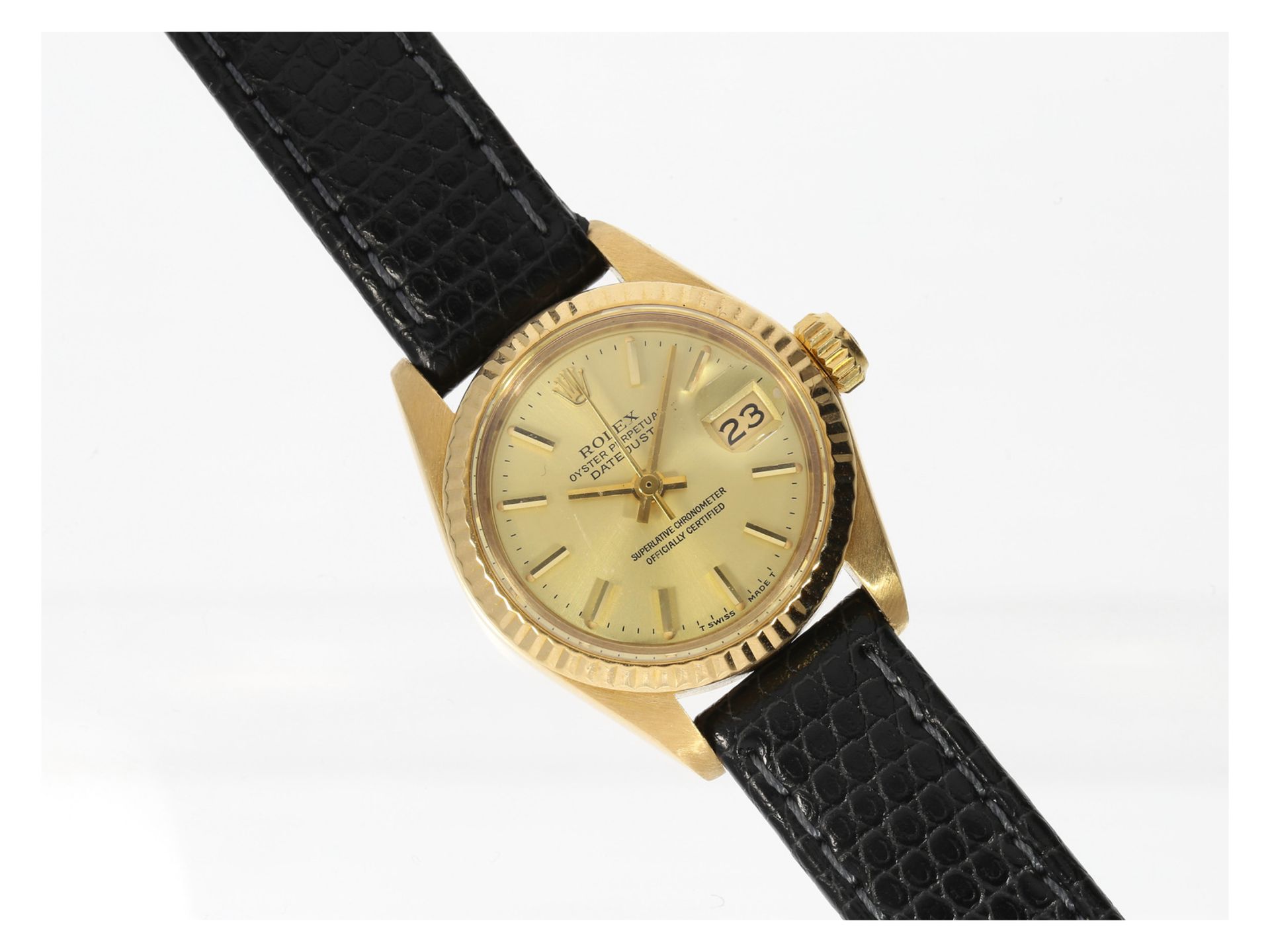 Armbanduhr: hochwertige Rolex Damenuhr von 1977, goldene Lady-Datejust Ref.6917Ca. Ø26mm, 18K