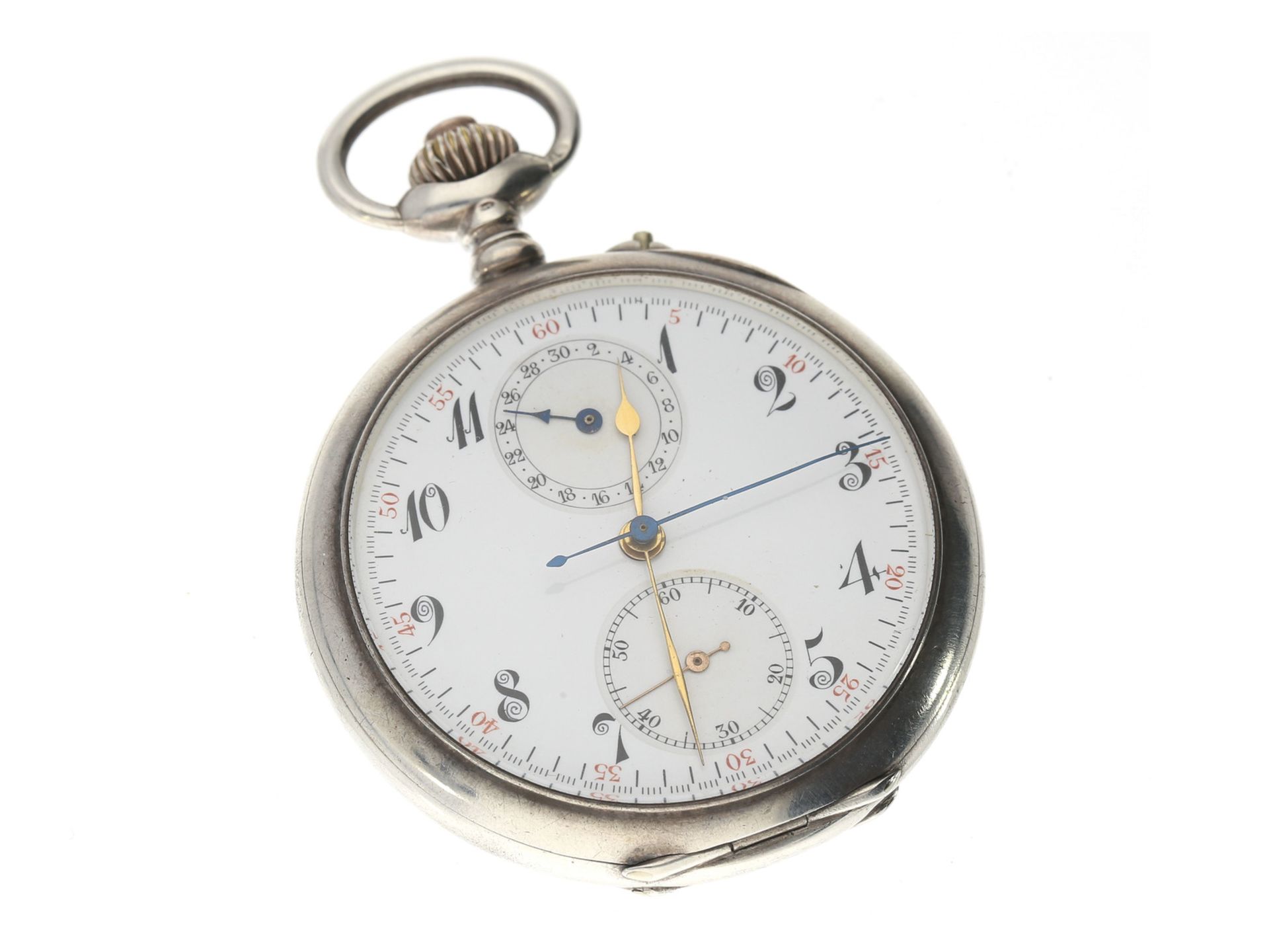 Taschenuhr: feiner silberner Chronograph, um 1910, besonders schöne Ausführung mit 30-Minuten-Zähler