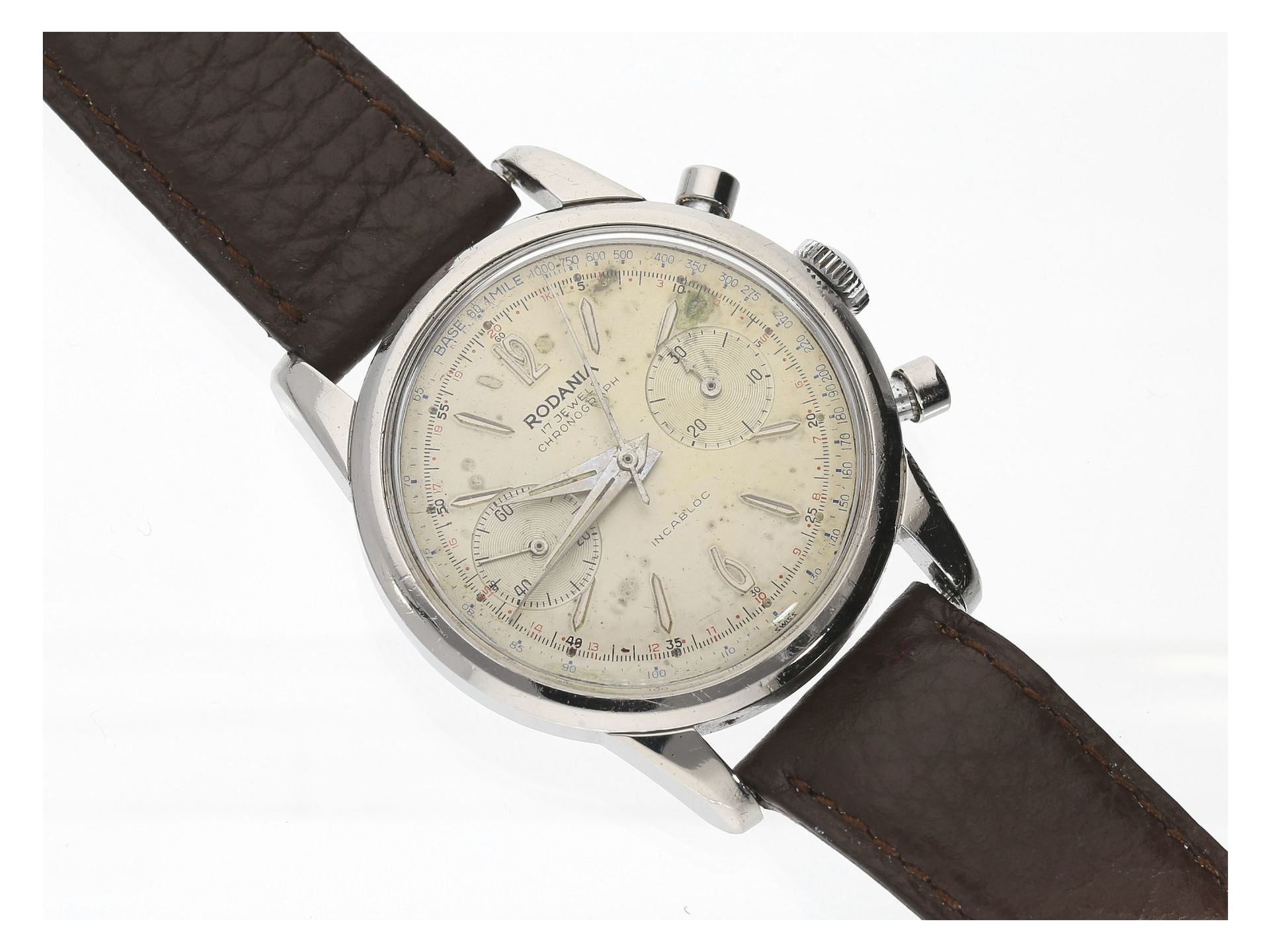 Armbanduhr: übergroßer vintage Edelstahl-Chronograph "Rodania", Edelstahl, 50er JahreCa. Ø36mm,