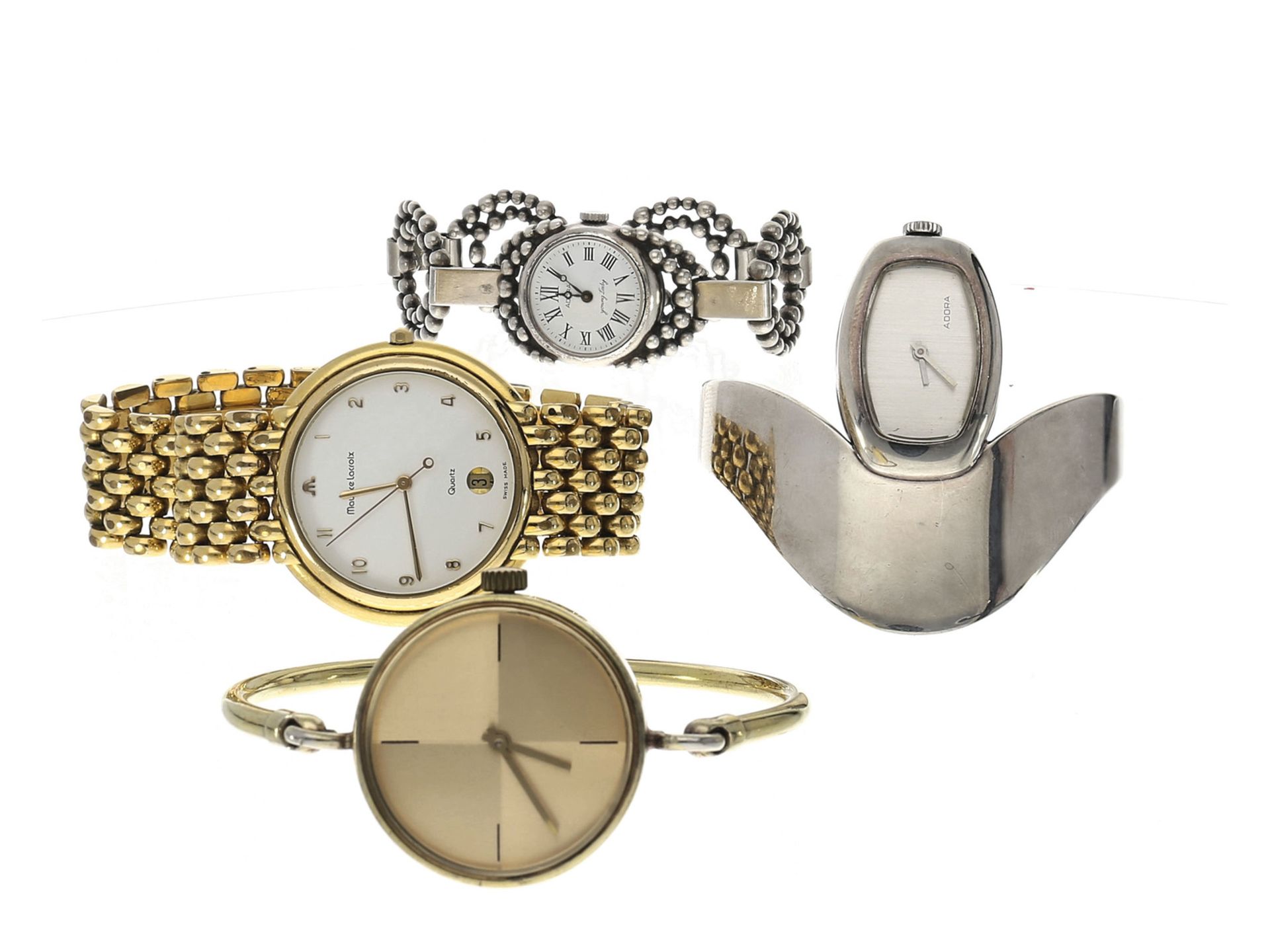 Armbanduhr: Konvolut von 4 vintage Armbanduhren, Silber/vergoldet1. Armbanduhr aus dem Hause Maurice