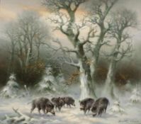 Arnold Schatz 1929 Stepenitz - 1999 Bielefeld - Wildschweinrotte im Schnee - Öl/Lwd. 90 x 100 cm.