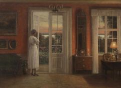 Hans Hilsoe 1871 - 1942 -"Interieur mit junger Dame in weißem Kleid mit weitem Blick in die