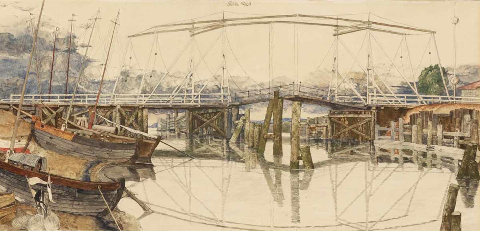 Werner Tübke 1929 Schönebeck - 2004 Leipzig - Die Wiecker Brücke in Greifswald - Aquarell/Papier auf