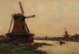 Hippolyte Camille Delpy 1842 Joigny - 1910 Paris - Flusslandschaft mit Windmühlen - Öl/Holz. 22,7