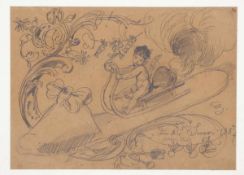 Otto Seitz 1846 - 1912 München - Putto auf Schlitten - Bleistift/Papier. 25 x 34,5 cm. 24 x 33,5 cm.