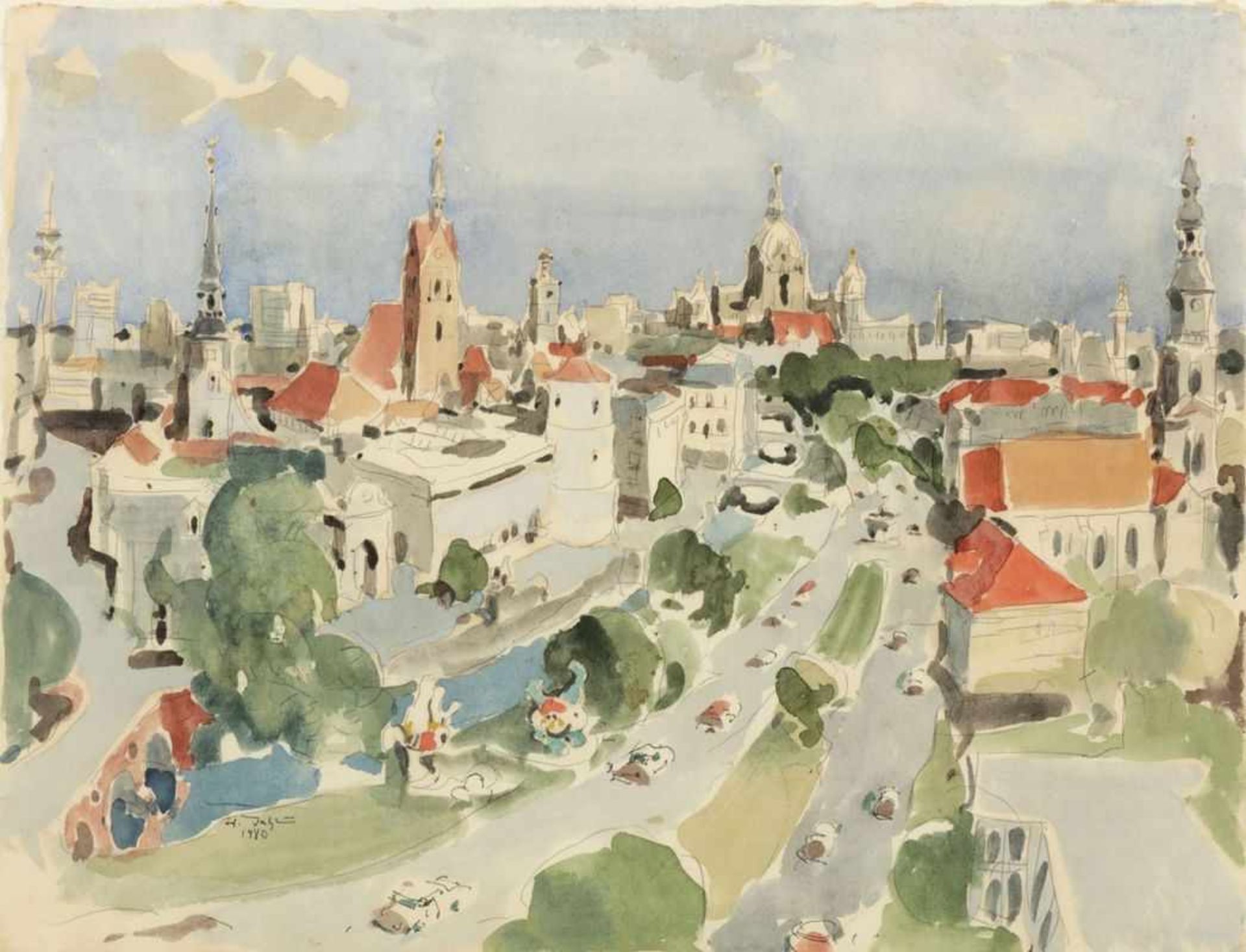 Hanns Jatzlau 1926 Liegnitz - lebt in Hannover - Am Hohen Ufer in Hannover - Aquarell/Bütten. 42,5 x