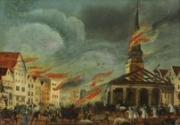 Künstler des 19. Jahrhunderts - Stadtbrand in Hamburg von 1842 - Öl/Hartfaserplatte. 26,5 x 37,5 cm.