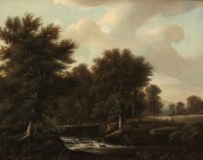 August Becker 1821 Darmstadt - 1887 Düsseldorf - Flusslandschaft mit Brücke und Wanderern - Öl/
