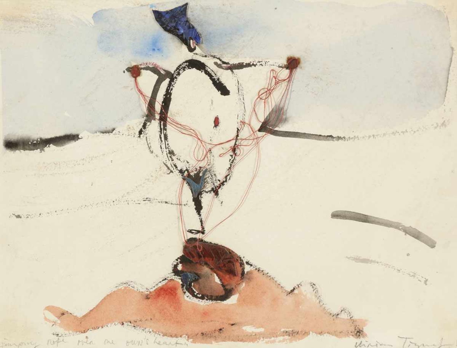 Miriam Tinguely 1950 Basel - "Jumping rope over one own's heart" - Aquarell und Collage/Papier. 22,5