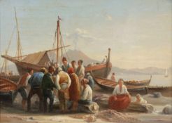 Künstler des 19. Jahrhunderts - Neapolitanische Fischer mit Blick auf den Vesuv - Öl/Papier. 12 x