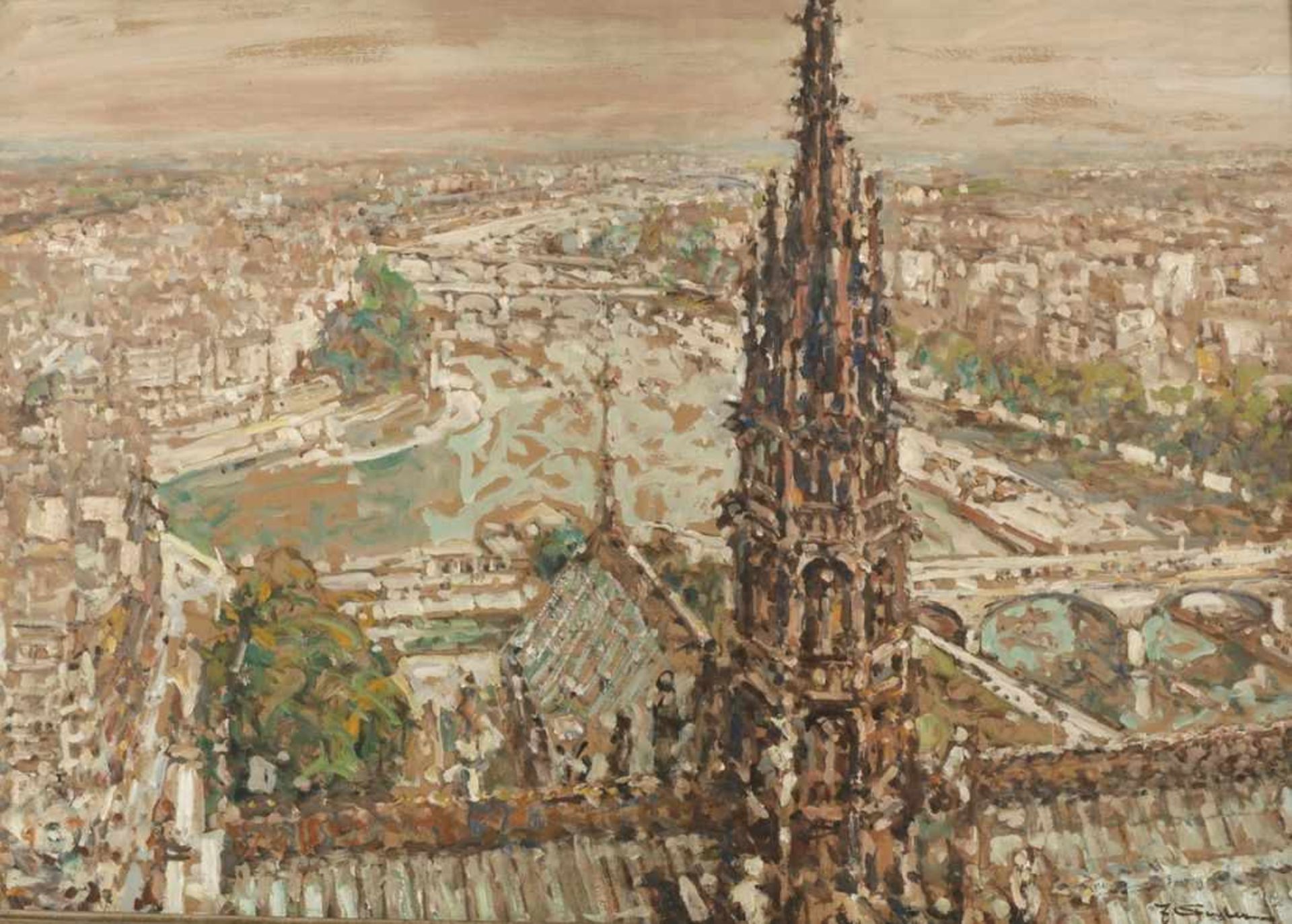 Julius Seyler 1873 - 1955 München - Blick von Notre Dame auf Paris - Öl/Karton. 70 x 101 cm. Sign.