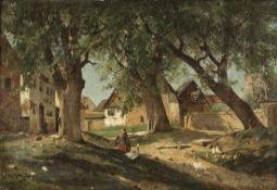 Gustav Koken Hannover 1850 - Hannover 1910 - Dorf mit spielenden Kindern und Entenschar - Öl/Lwd. 28