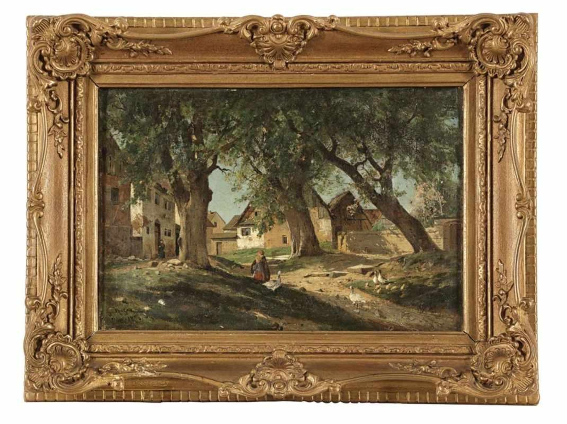 Gustav Koken Hannover 1850 - Hannover 1910 - Dorf mit spielenden Kindern und Entenschar - Öl/Lwd. 28 - Bild 2 aus 2