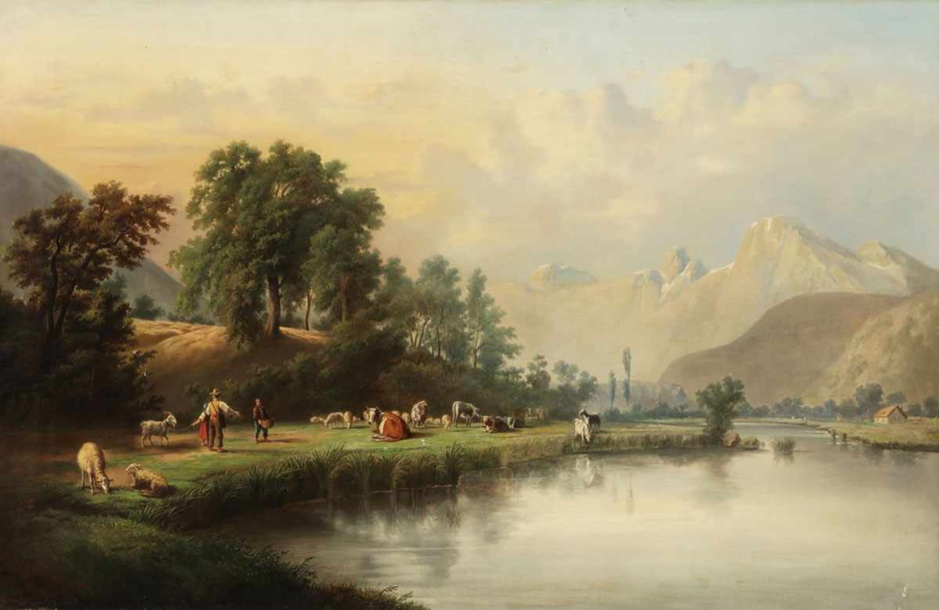 Künstler des 19. Jahrhunderts - Alpine Landschaft mit Bauern und Rindern - Öl/Lwd. 65 x 100 cm. R.