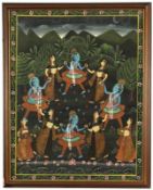 Indische Seidenmalerei 19. Jahrhundert. Gouache/Seide. 109 x 88 cm. Unter Glas gerahmt. Tanzende