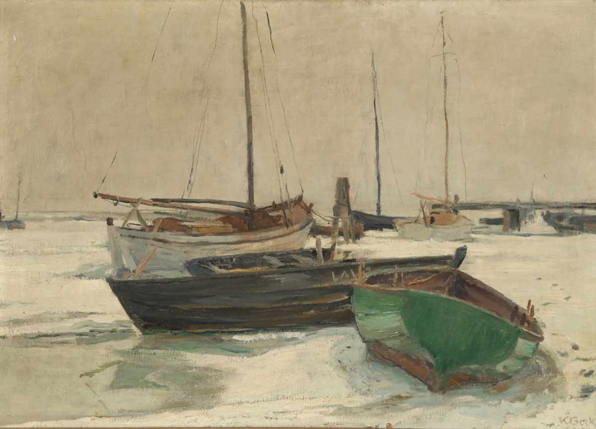 Karl Bock 1873 Braunschweig - 1940 Stralsund - Boote im Winter - Öl/Lwd. 46 x 66,5 cm. Sign. und