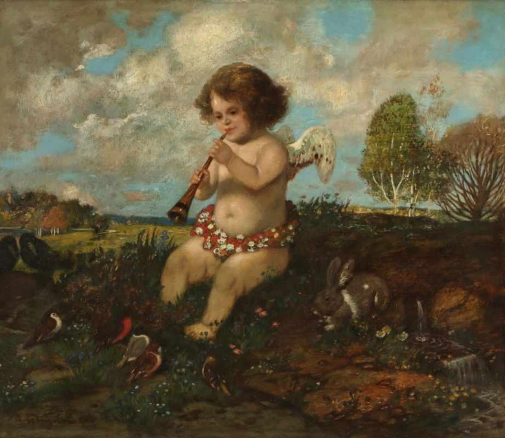 Adolf Hengeler 1863 Kempten - 1927 München - Laute spielender Putto - Öl/Holz. 36 x 41 cm. Sign. und