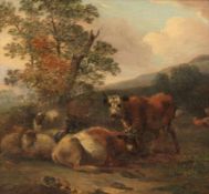 Künstler des 18. Jahrhundert - Kühe auf dem Feld - Öl/Holz. 36 x 29 cm. Unsigniert. Rahmen. Rest.