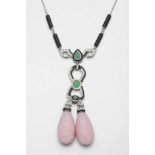 Dekoratives Collier mit rosa Opal, Chrysopras und Onyx 750er WG, gestemp. 2 große Pampeln aus