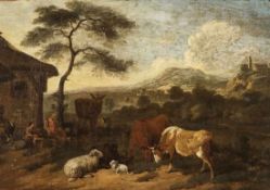 Künstler des 18. Jahrhunderts - Hirtenfamilie mit Tieren in arkardischer Landschaft - Öl/Lwd. Doubl.