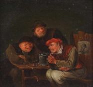 Künstler des 20. Jahrhunderts - Miniaturmalerei Bauern bei Trinkgelage - Öl/Kupfer. 9,5 x 10,5 cm.