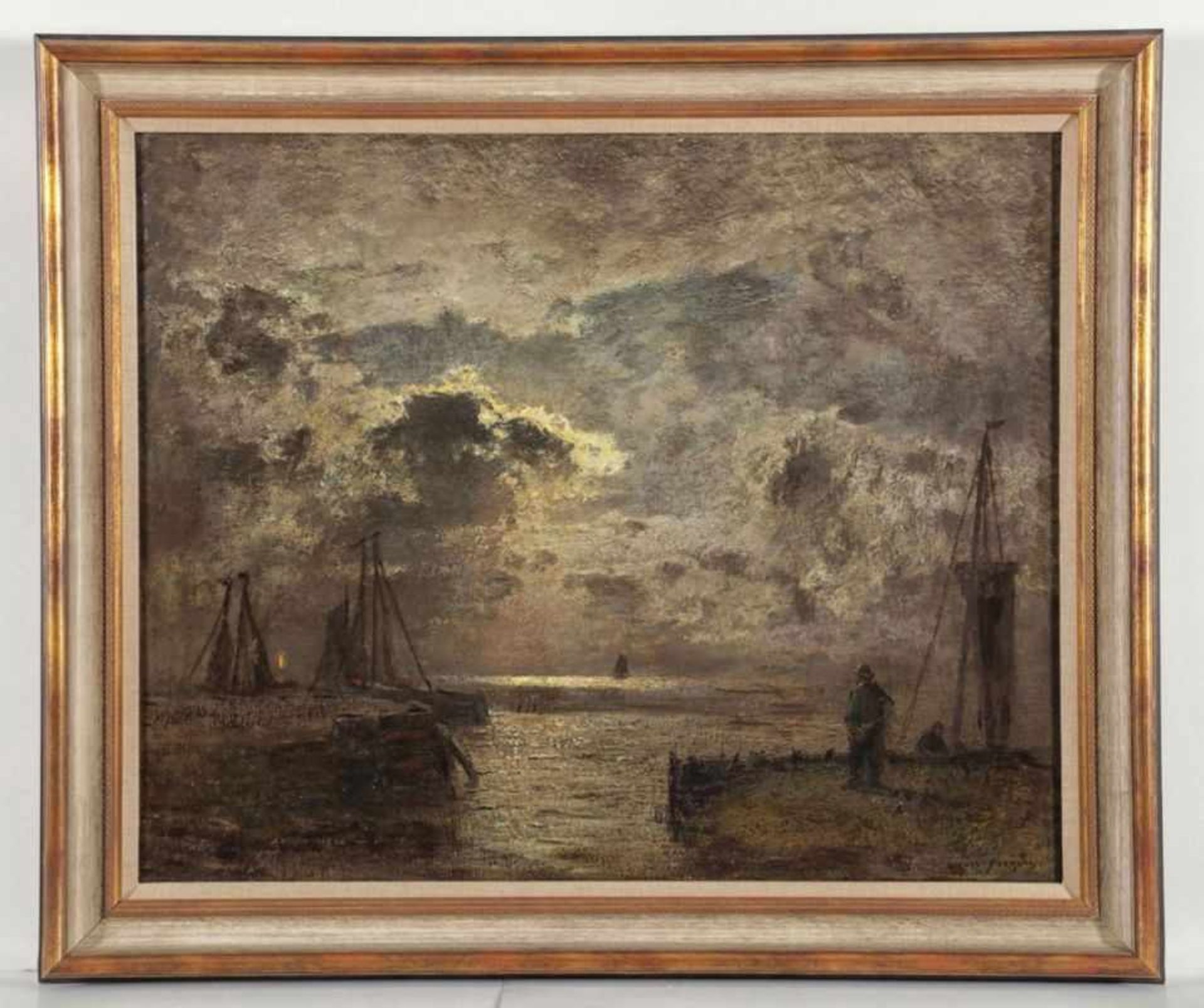 Louis Douzette 1834 Tribsees - 1924 Barth - Mondscheinstimmung am Barther Bodden - Öl/Lwd. 79 x 96 - Bild 2 aus 2