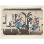 Utagawa Hiroshige Edo 1797 - 1858 - "Akasaka" - Farbholzschnitt. Mittelfalz. 23 x 35 cm. Im Stock