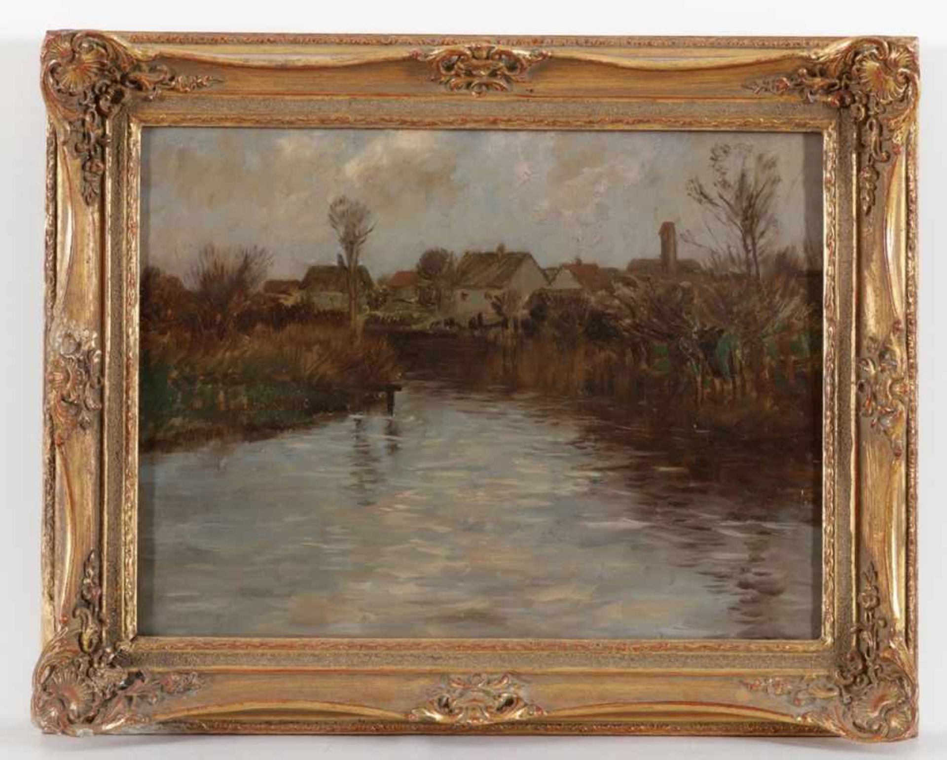 Carl Küstner 1861 Guntersblum - 1934 München - Flusslandschaft mit Blick auf ein Dorf - Öl/Holz. - Bild 2 aus 2