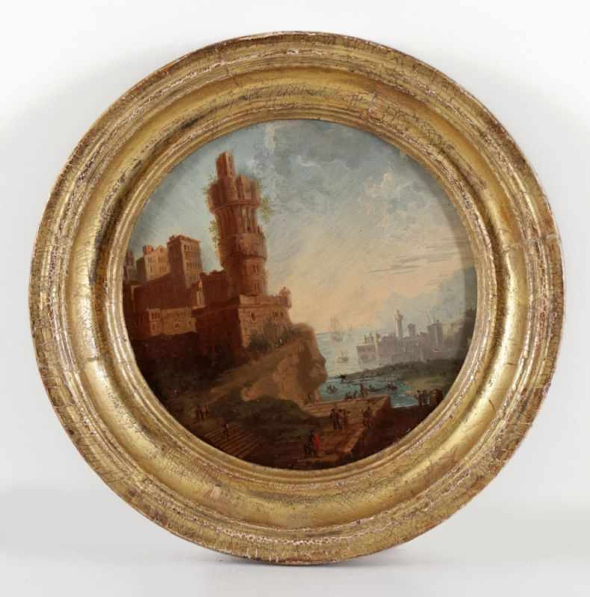 Künstler des 18. Jahrhunderts - Italienische Hafenansicht - Öl/Kupfer. 14 cm Durchmesser.