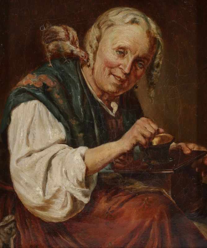 Künstler des 20. Jahrhunderts - Alte Dame mit Huhn auf der Schulter - Öl/Lwd. 21,5 x 18,5 cm.