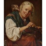 Künstler des 20. Jahrhunderts - Alte Dame mit Huhn auf der Schulter - Öl/Lwd. 21,5 x 18,5 cm.
