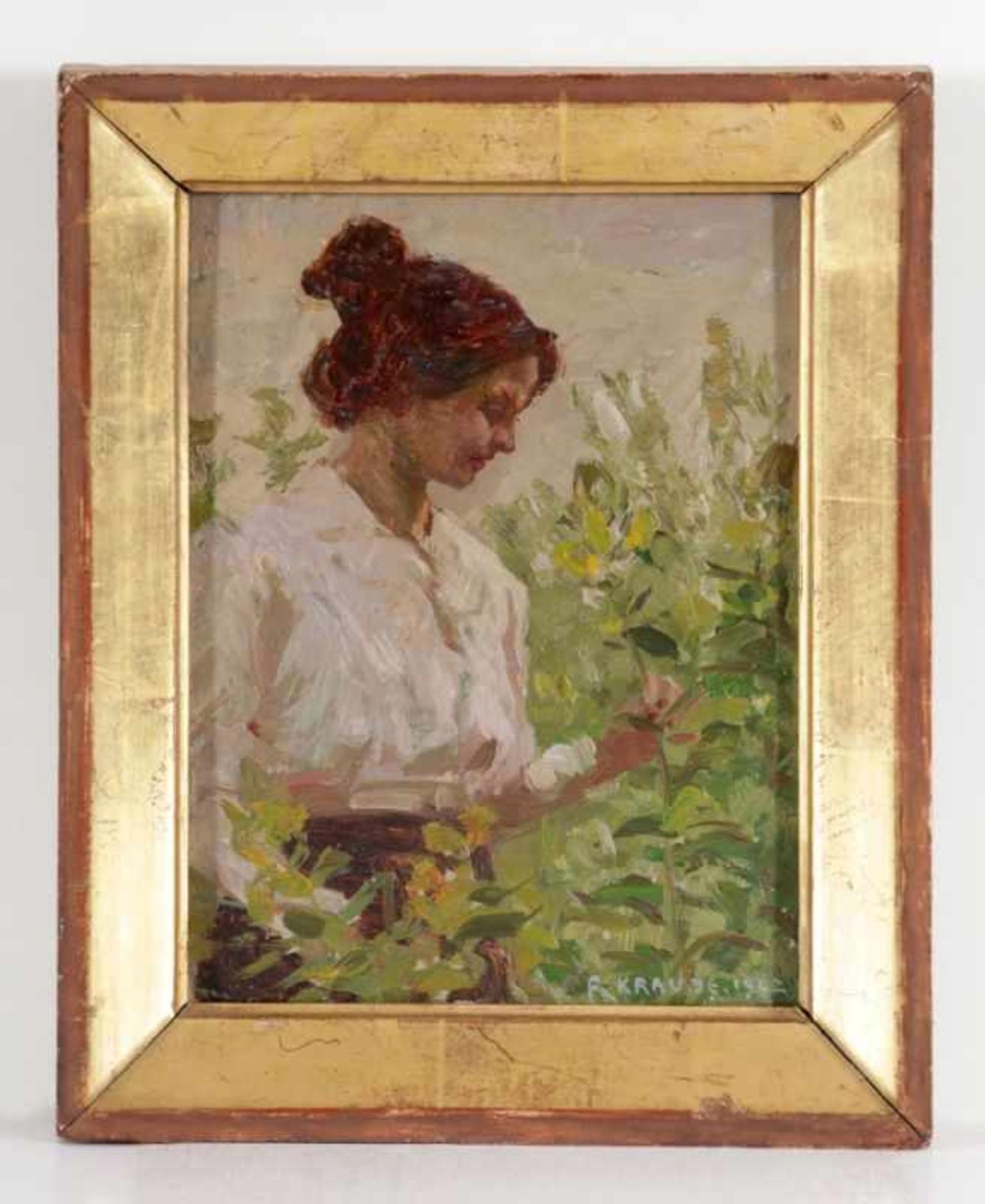 Felix Krause 1872 Berlin - 1943 - Dame im Garten - Öl/Karton. 20,7 x 15,7 cm. Sign. und dat. r. - Bild 2 aus 2