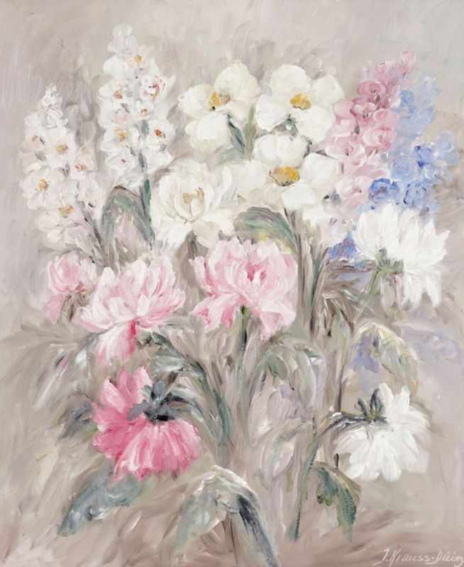 Ilse Krauss-Düing 1909 Saarbrücken - 2001 Baden-Baden - "Blumenmelodie" - Öl/Lwd. 60 x 50 cm.