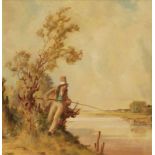 Gustav Eyer 1887 Mollkirch - 1946 München - Der Angler - Öl/Holz. 27 x 27 cm. Auf Rahmenplakette