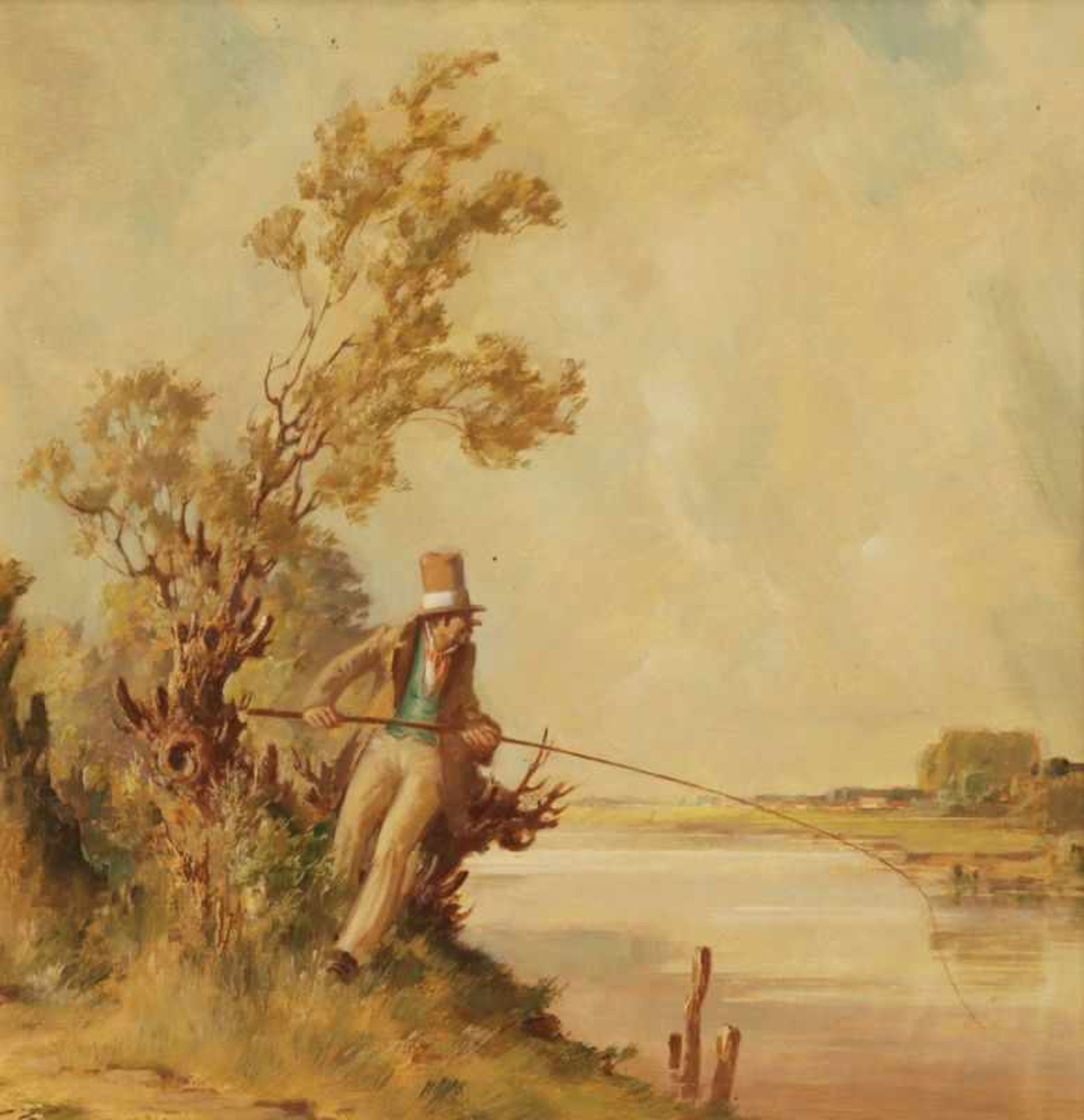 Gustav Eyer 1887 Mollkirch - 1946 München - Der Angler - Öl/Holz. 27 x 27 cm. Auf Rahmenplakette