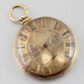 Taschenuhr mit Schlüsselaufzug um 1868 Fa. L. Montando, Schweiz. Vergoldetes Gehäuse. Punzen im