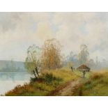 Ch. Michel Künstler des 19. Jahrhunderts - Flusslandschaft mit Bäuerin - Öl/Lwd. 50 x 65 cm. Sign.