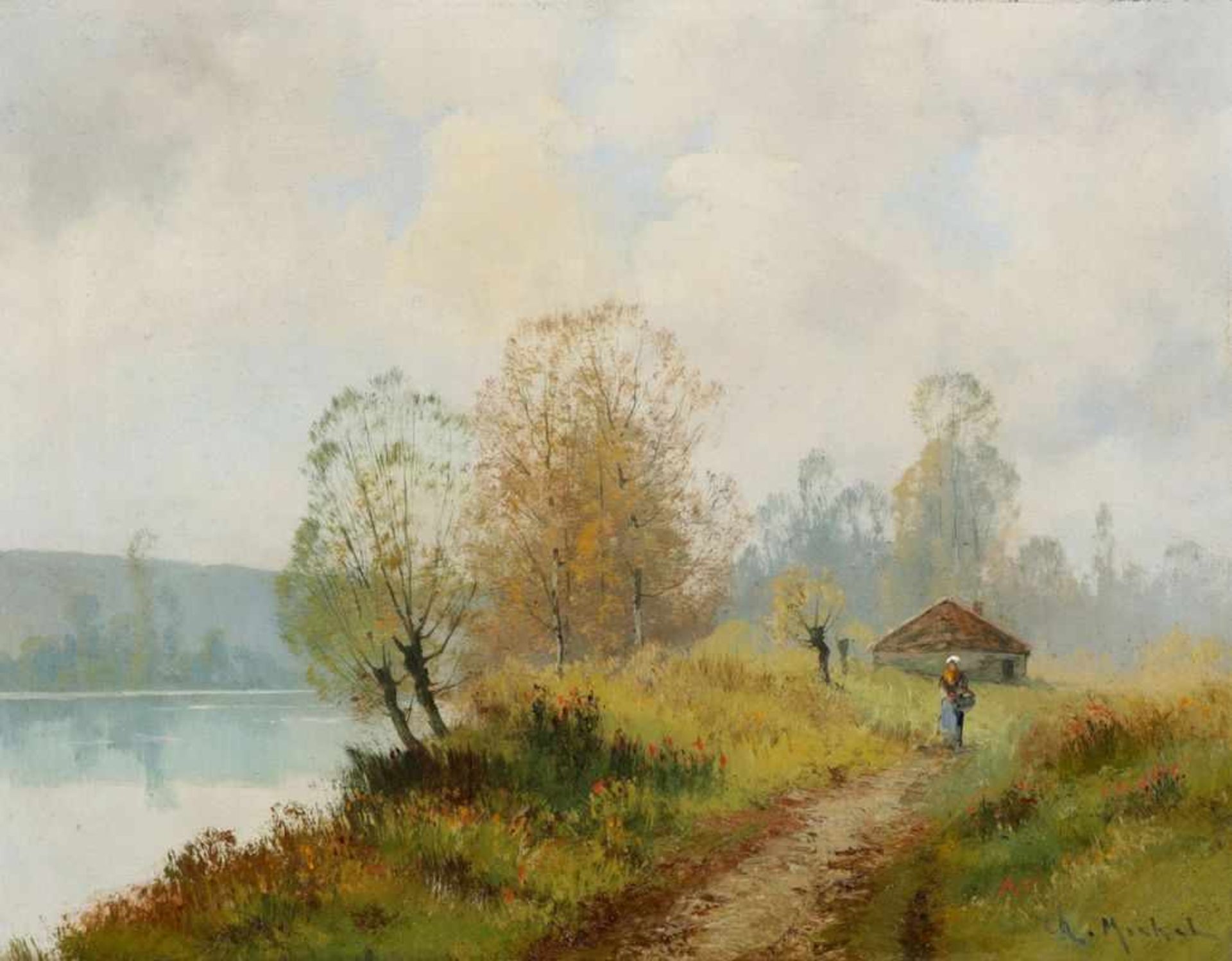 Ch. Michel Künstler des 19. Jahrhunderts - Flusslandschaft mit Bäuerin - Öl/Lwd. 50 x 65 cm. Sign.