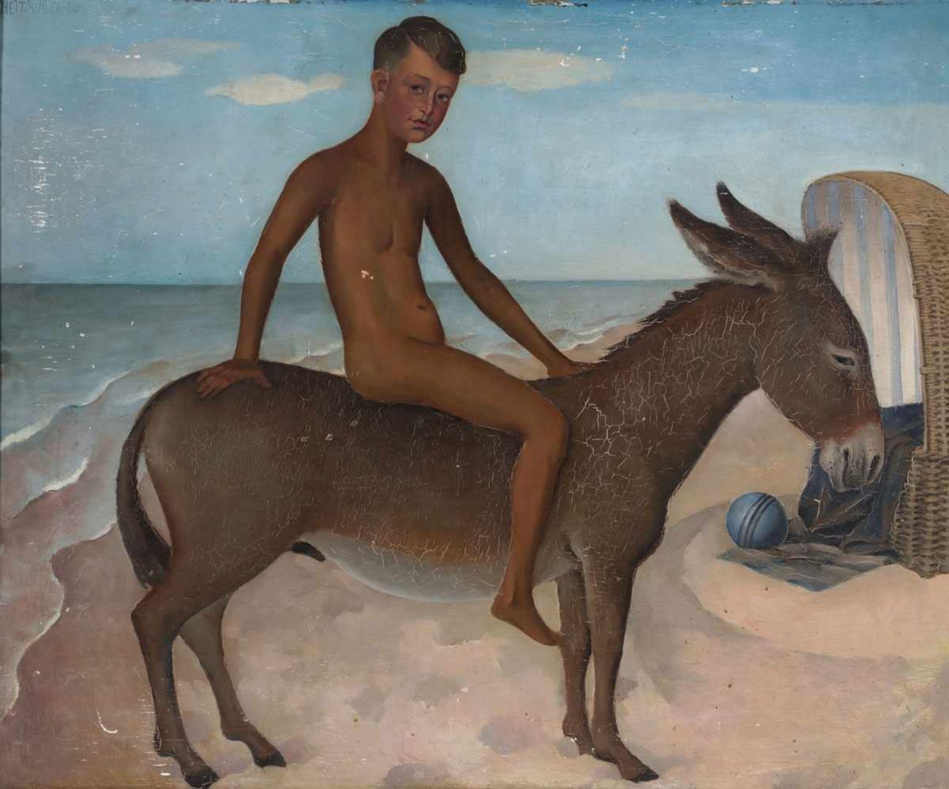 August Heitmüller 1873 Gummer - 1935 Hannover - Junge auf einem Esel am Strand - Öl/Holz. 90 x 110