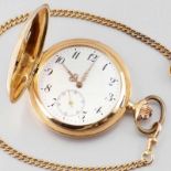 Savonnette mit Uhrenkette 585er Roségold, gestemp. Zwei-Deckel-Gold. Ein-Deckel-Metall. In zwei