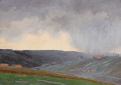 Ernst Pasqual Jordan 1858 Hannover - 1924 Barsinghausen - Hügelige Landschaft bei Regen - Öl/