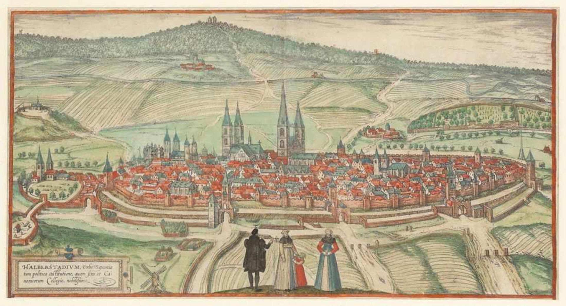 Frans Hogenberg1535 Mecheln - 1590 Köln - "Halberstadtvm" - Kolor. Holzstich. Mittelfalz. 22 x 41,