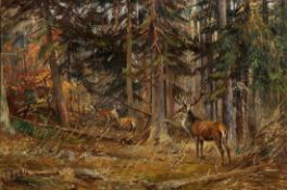 Willi Lorenz1901 Köln - 1981 Köln - Hirsch und Rehe auf Waldrodung - Öl/Lwd. 60,5 x 90 cm. Sign.