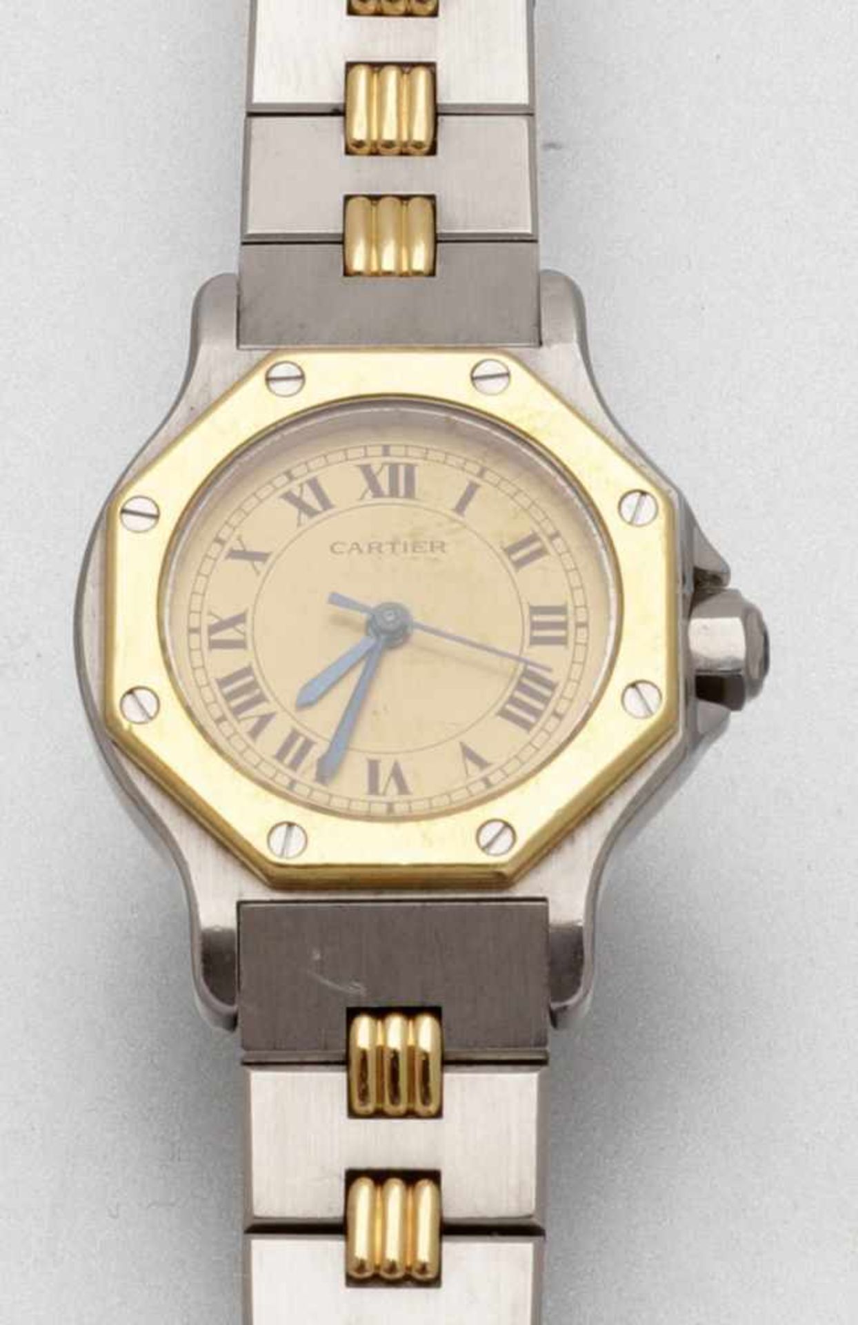 Cartier-DamenarmbanduhrFa. Cartier, Schweiz. Modell: Santos. Edelstahl. 750/- Gelbgold,